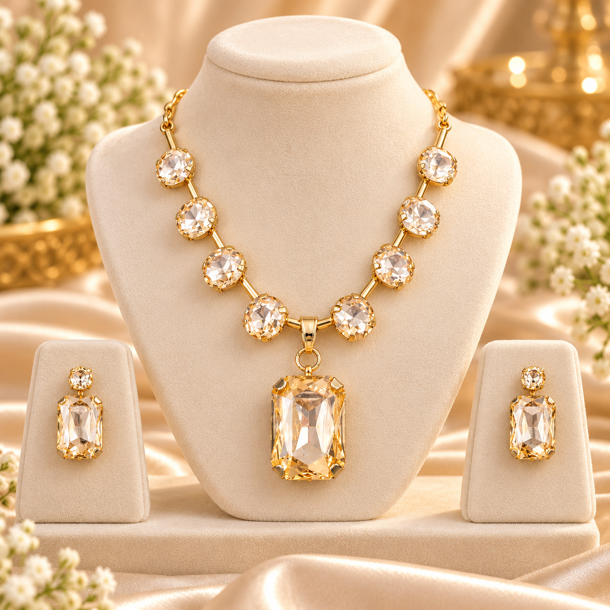 Gold-tone champagne crystal pendant necklace with matching drop earrings