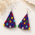 Purple beaded triangle earrings with multicolor beads, silver hooks