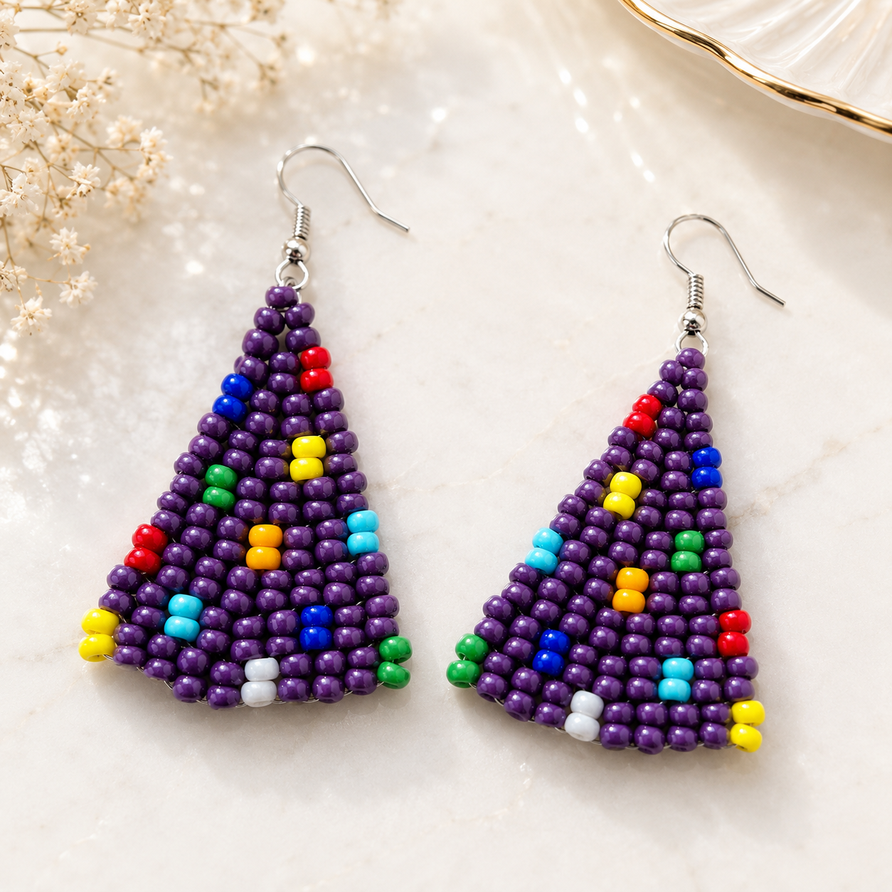 Purple beaded triangle earrings with multicolor beads, silver hooks
