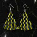 Handmade beaded triangle earrings with olive green and midnight blue stripes, silver hooks