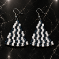 Handmade triangle beaded earrings with white and dark blue beads on silver hooks