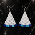 Handmade beaded triangle earrings with white bead body and blue bead band