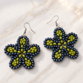 Beaded floral earrings with midnight blue beads and olive green bead centers