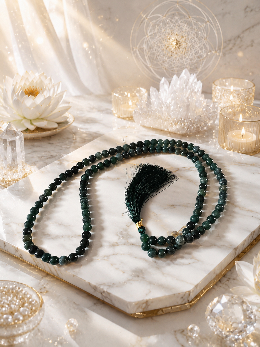Moss Agate Crystal Mala (Stone of Growth & New Beginnings)