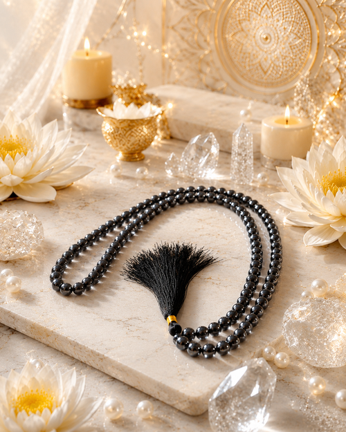 Black obsidian mala necklace with dark beads and tassel.