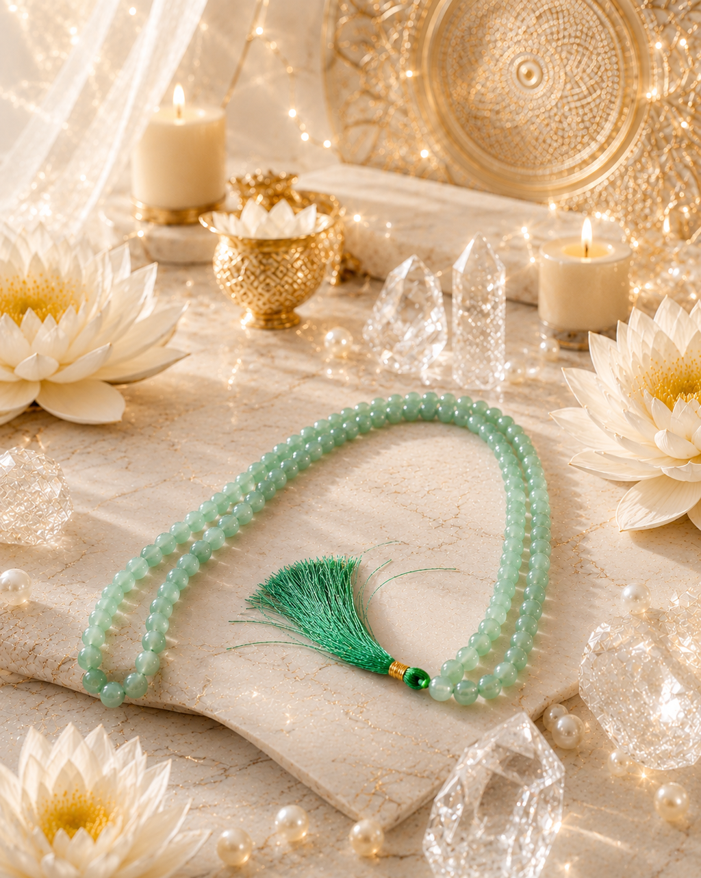 Green crystal bead mala necklace with green tassel and gold bead clasp