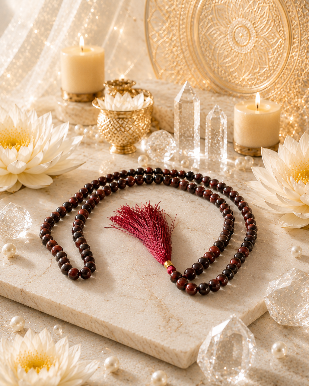 Red tiger eye crystal mala with dark brown beads and red tassel, on display