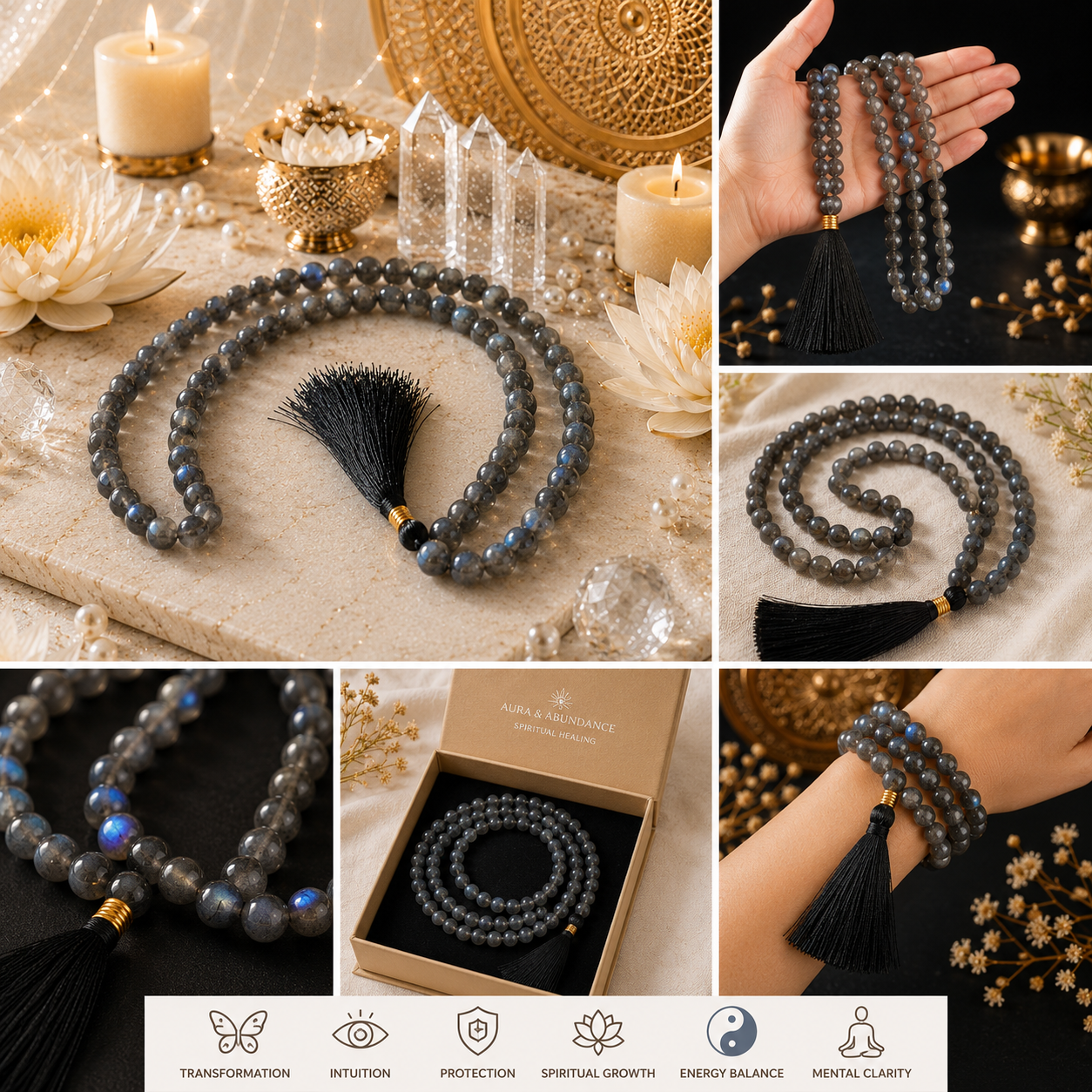 Labradorite crystal mala: multi-strand dark gray beads with black tassel, bracelet length