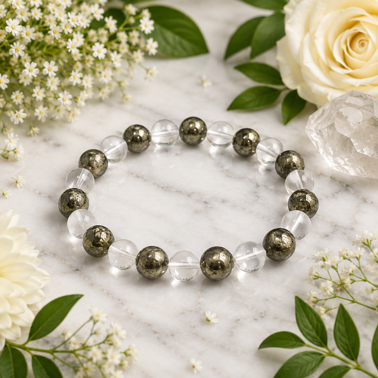 Clear quartz and pyrite beaded bracelet with round transparent and speckled beads