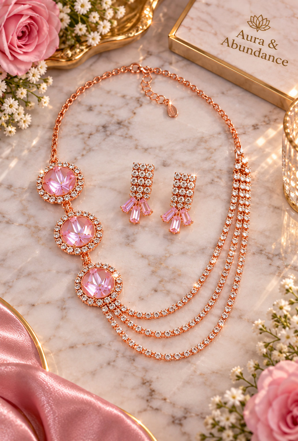 Rose gold-tone crystal multi-strand necklace with round pendant drops and matching earrings