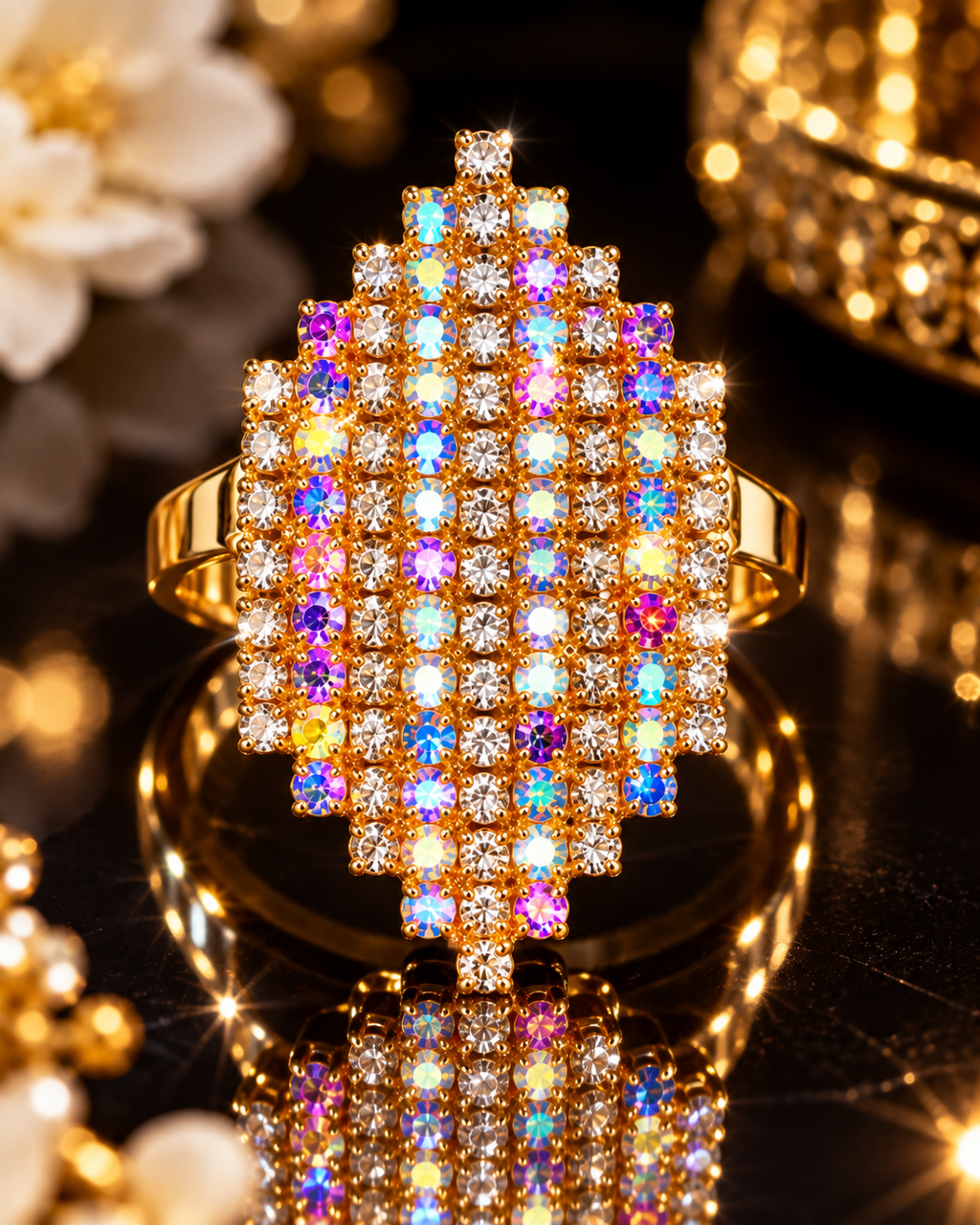 Gold-tone crystal statement ring with multicolor square-cut stones, open lattice design