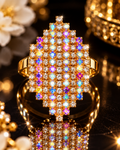 Gold-tone crystal statement ring with multicolor square-cut stones, open lattice design