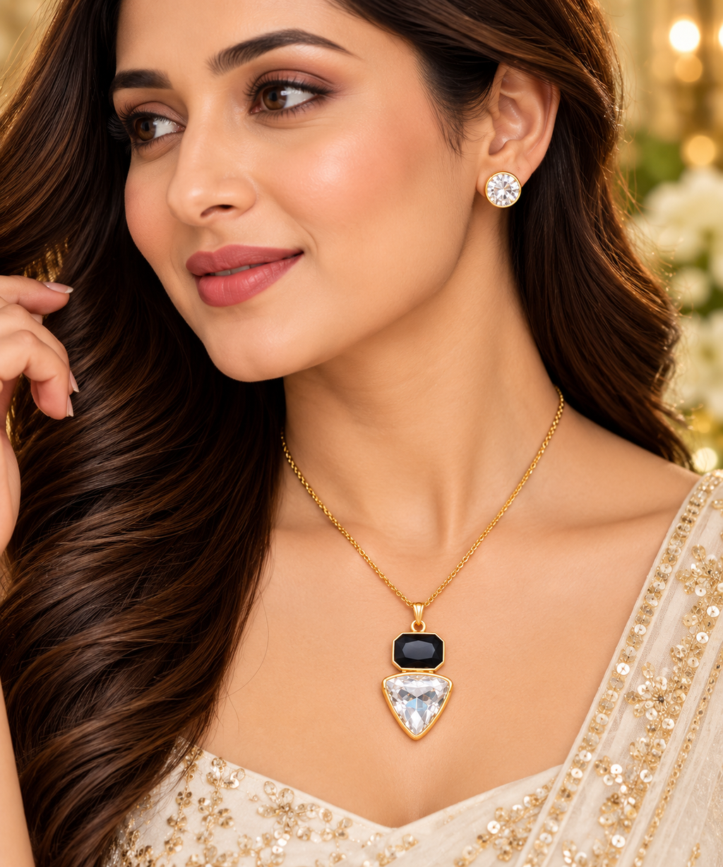 Geometric pendant necklace with gold-tone chain, black square, clear teardrop stud earring