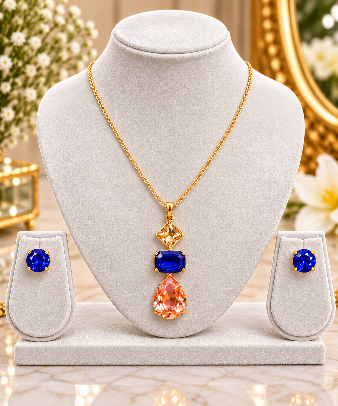 Gold-tone multicolor geometric pendant necklace set with blue stud earrings on display