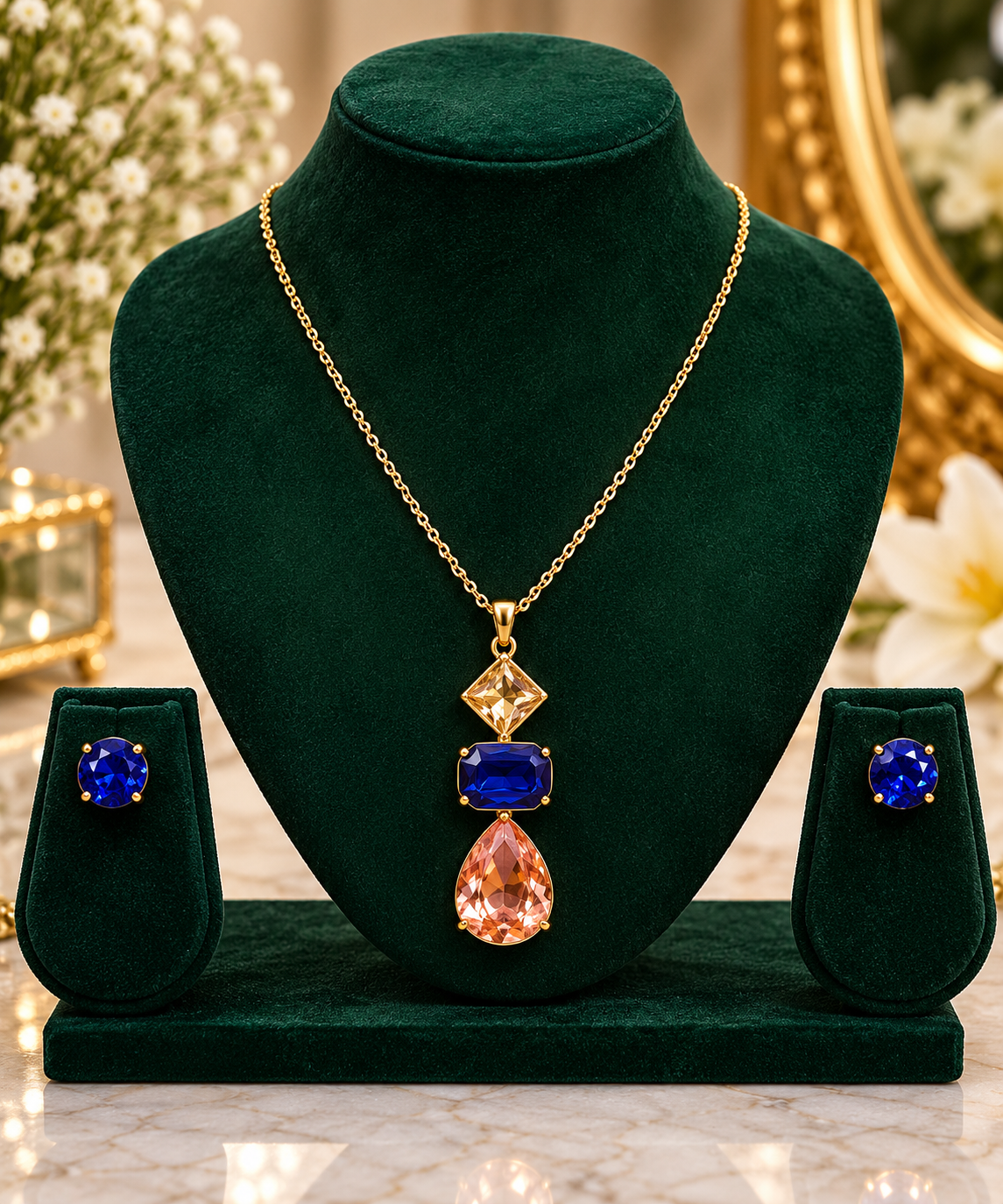 Gold-tone geometric pendant necklace with blue and peach stones plus blue stud earrings