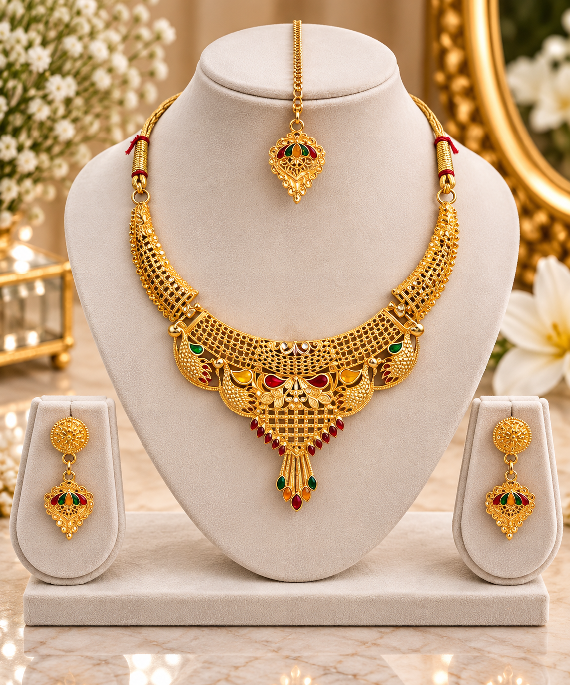 Gold-tone multicolour necklace set with maang tikka and matching drop earrings on stand