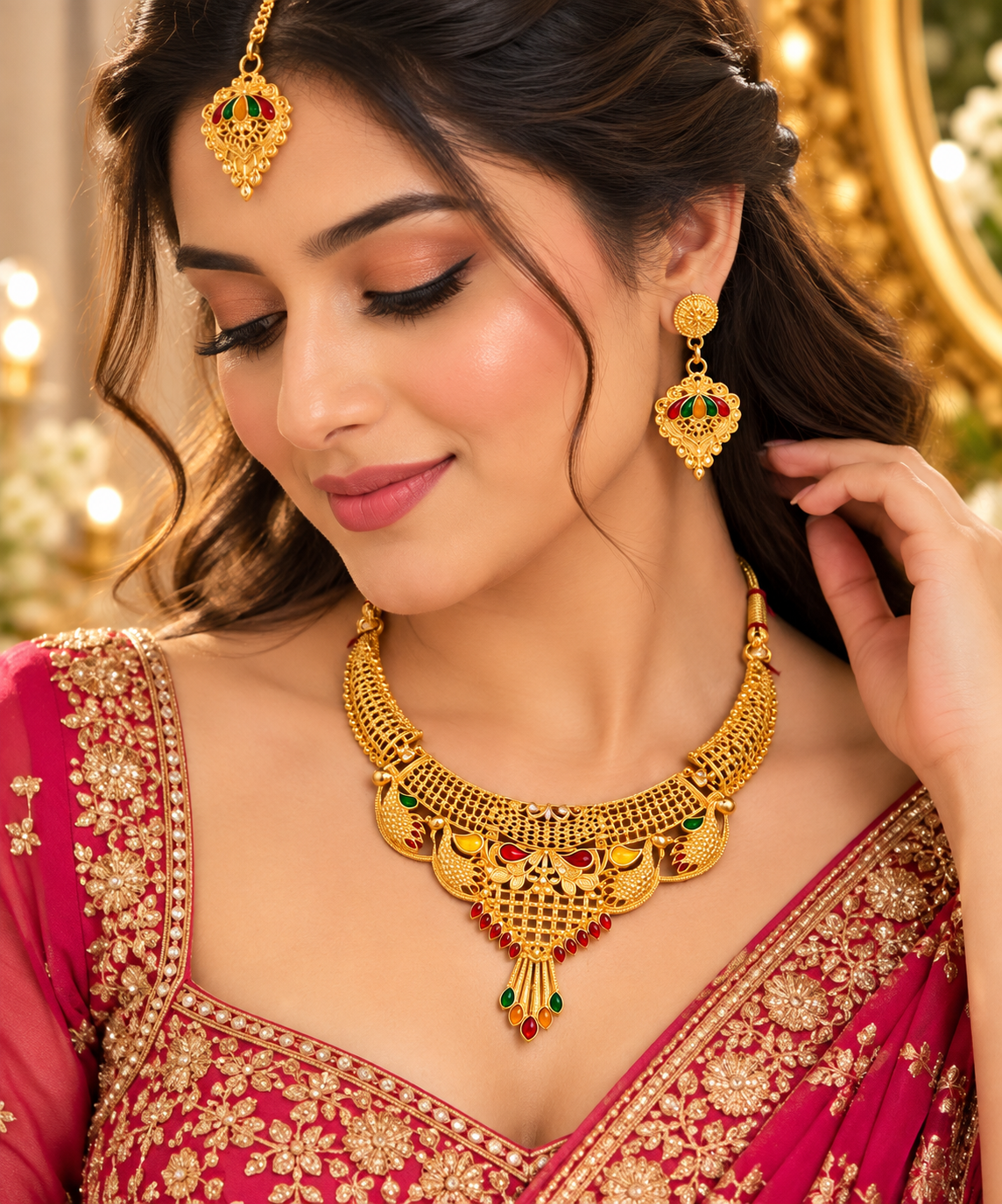 Gold-tone multicolour choker necklace with maang tikka and dangling earrings worn by model