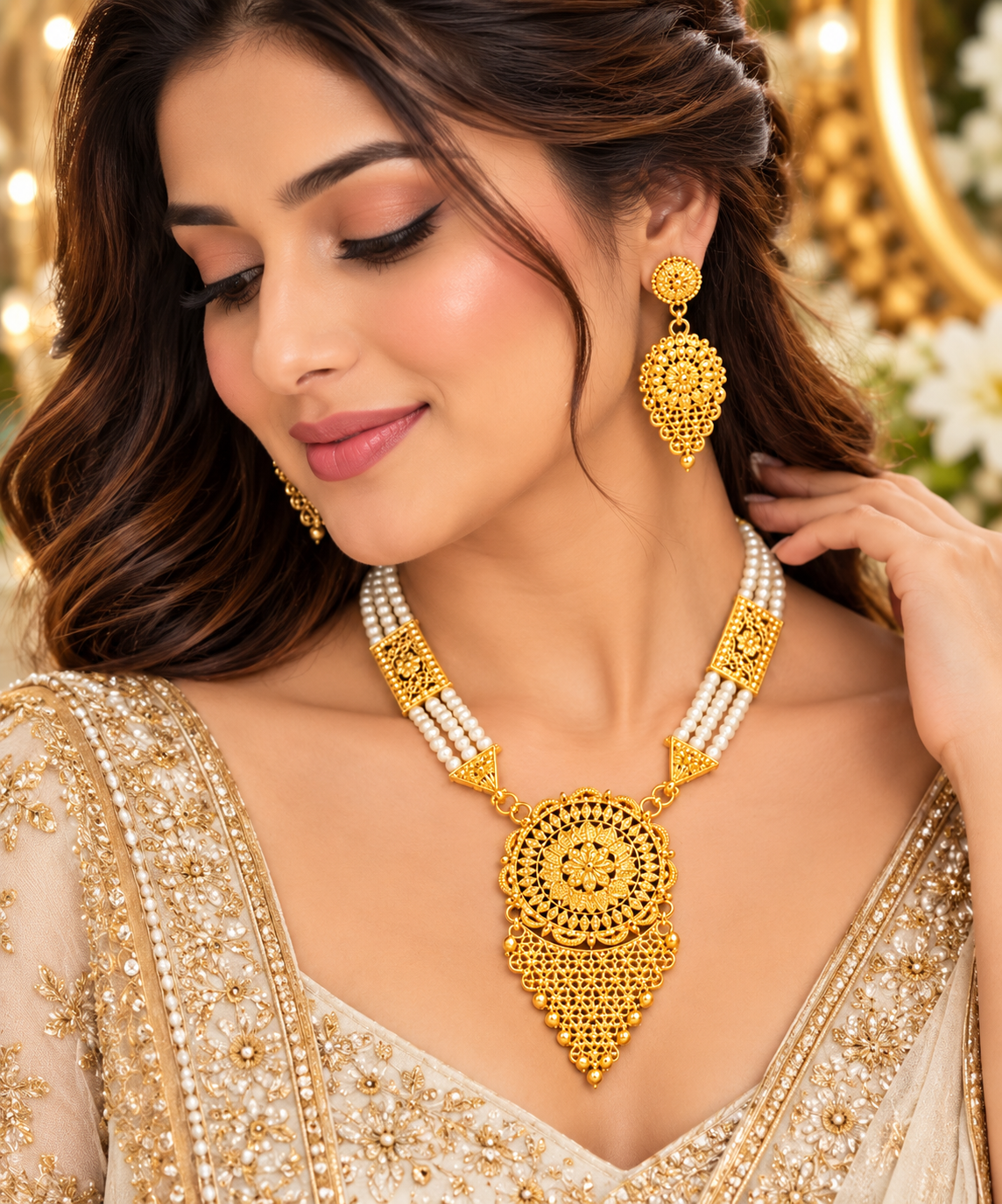 Gold-tone pearl necklace with ornate pendant and gold drop earrings on model