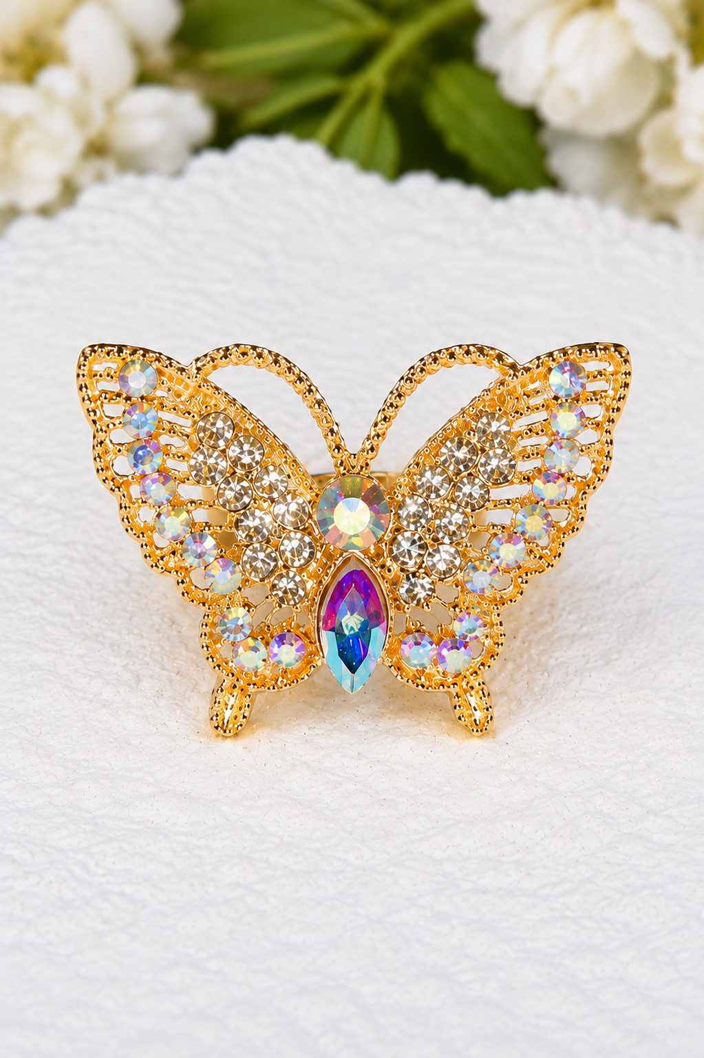 Gold-tone butterfly crystal ring with multicolor stones and marquise center gem