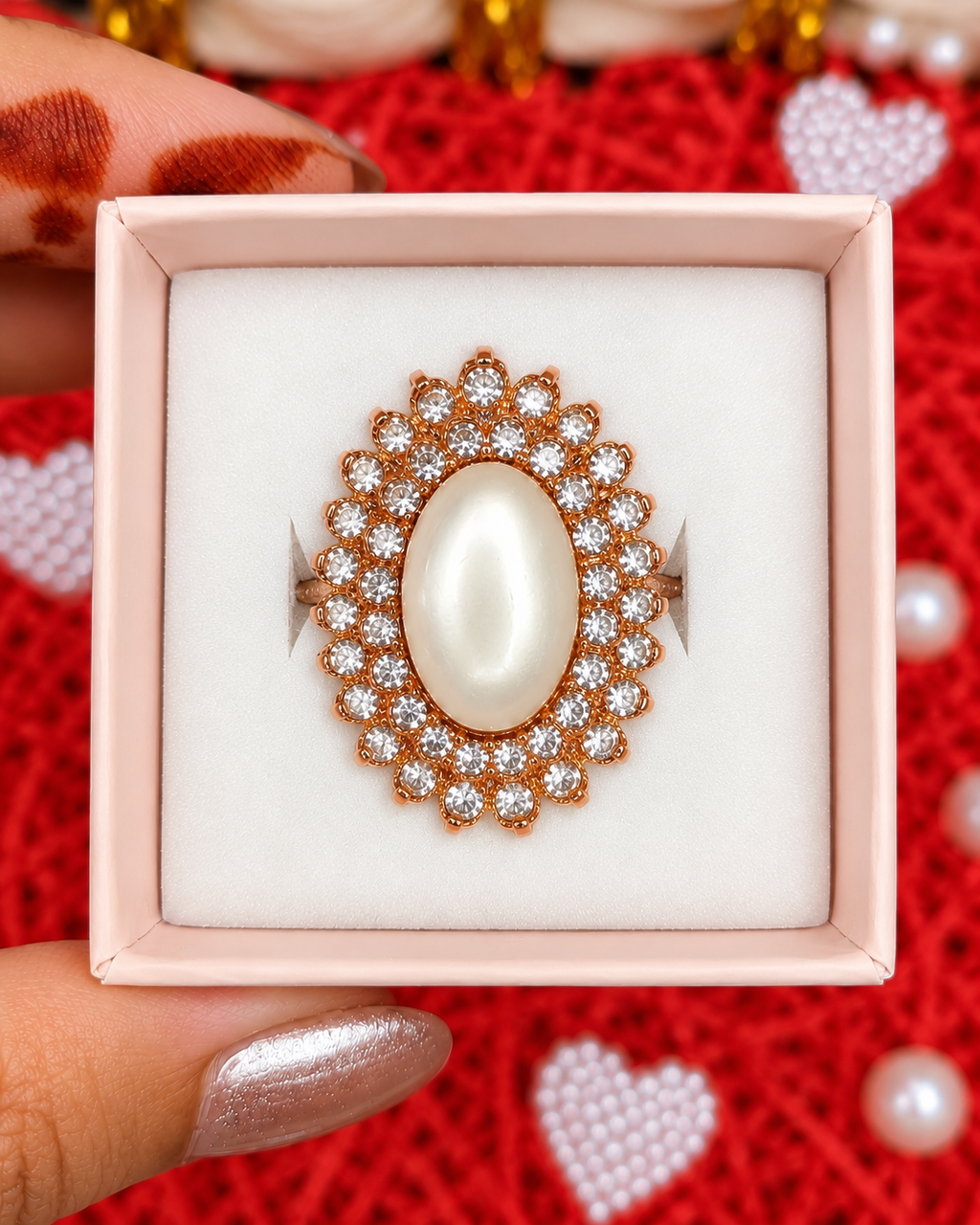 Rose gold oval pearl statement ring with crystal halo and clustered round gems