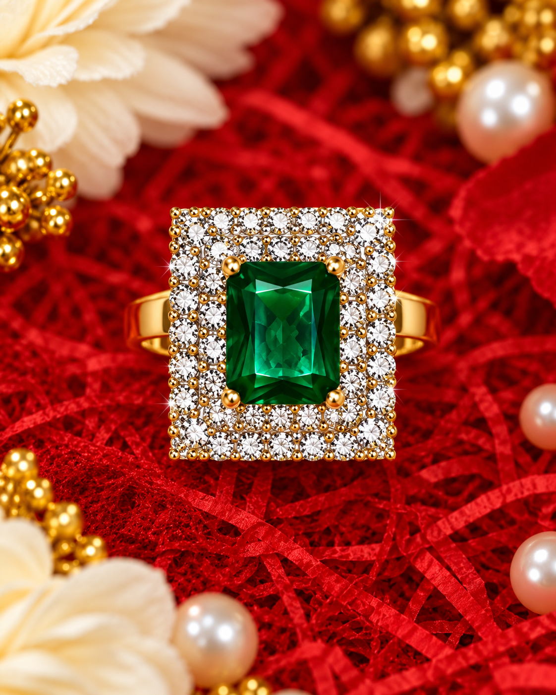 Emerald green rectangular statement ring with gold band and pavé crystal halo
