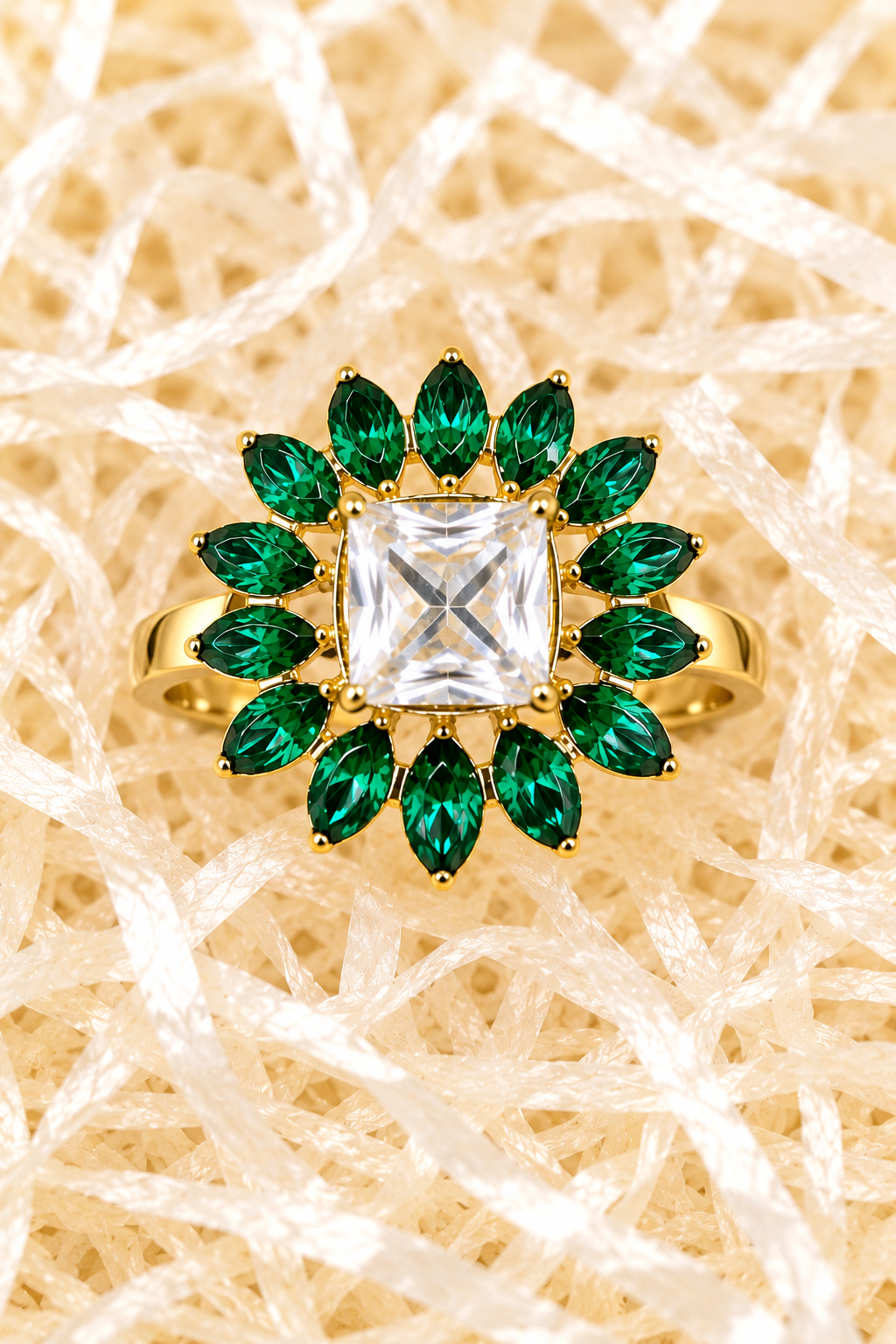 Gold ring with emerald-green marquise flower petals around clear square crystal