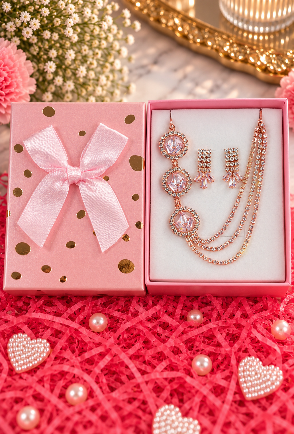 Rose gold-tone crystal necklace and earrings set with multi-strand chain, in gift box