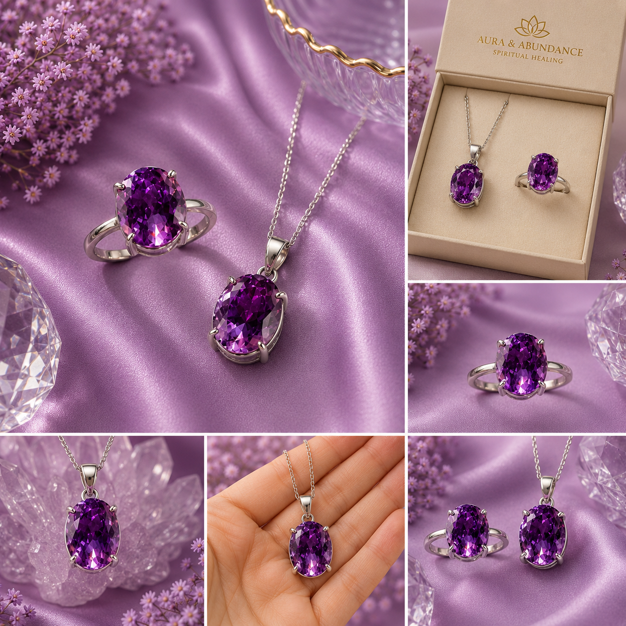 Amethyst Crystal Pendant and Adjustable Ring Set