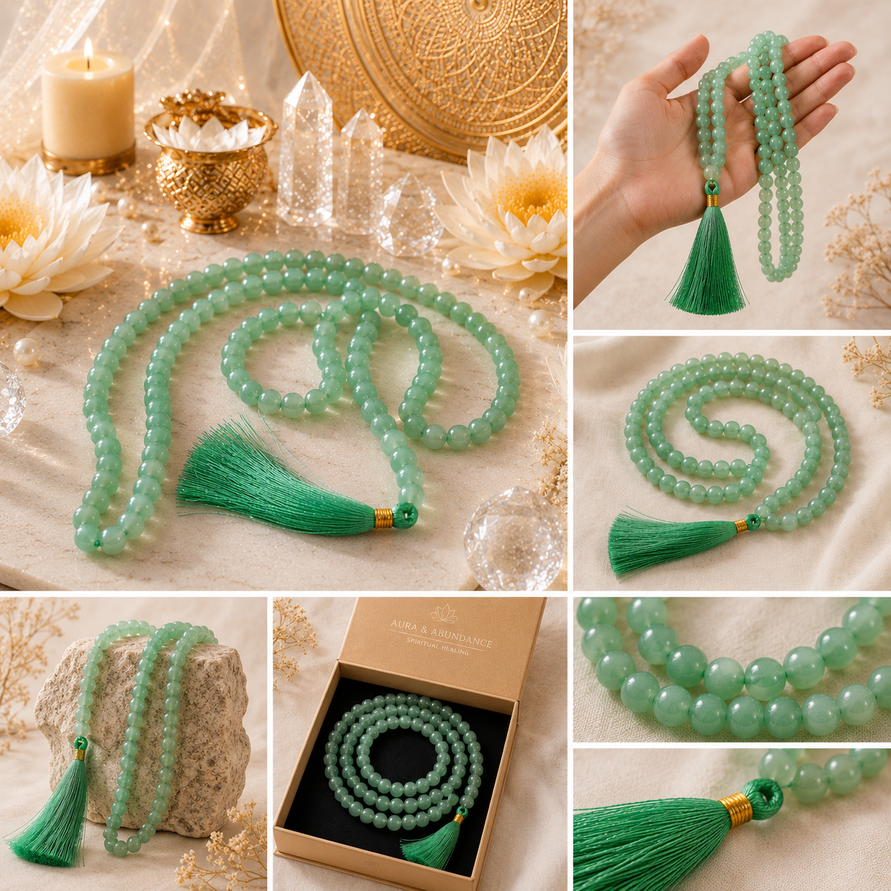 Green crystal bead mala with green tassel and gold bead clasp, shown with gift box