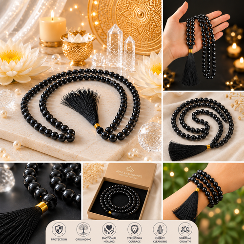 Black obsidian mala necklace with tassel and layered bead strand design.