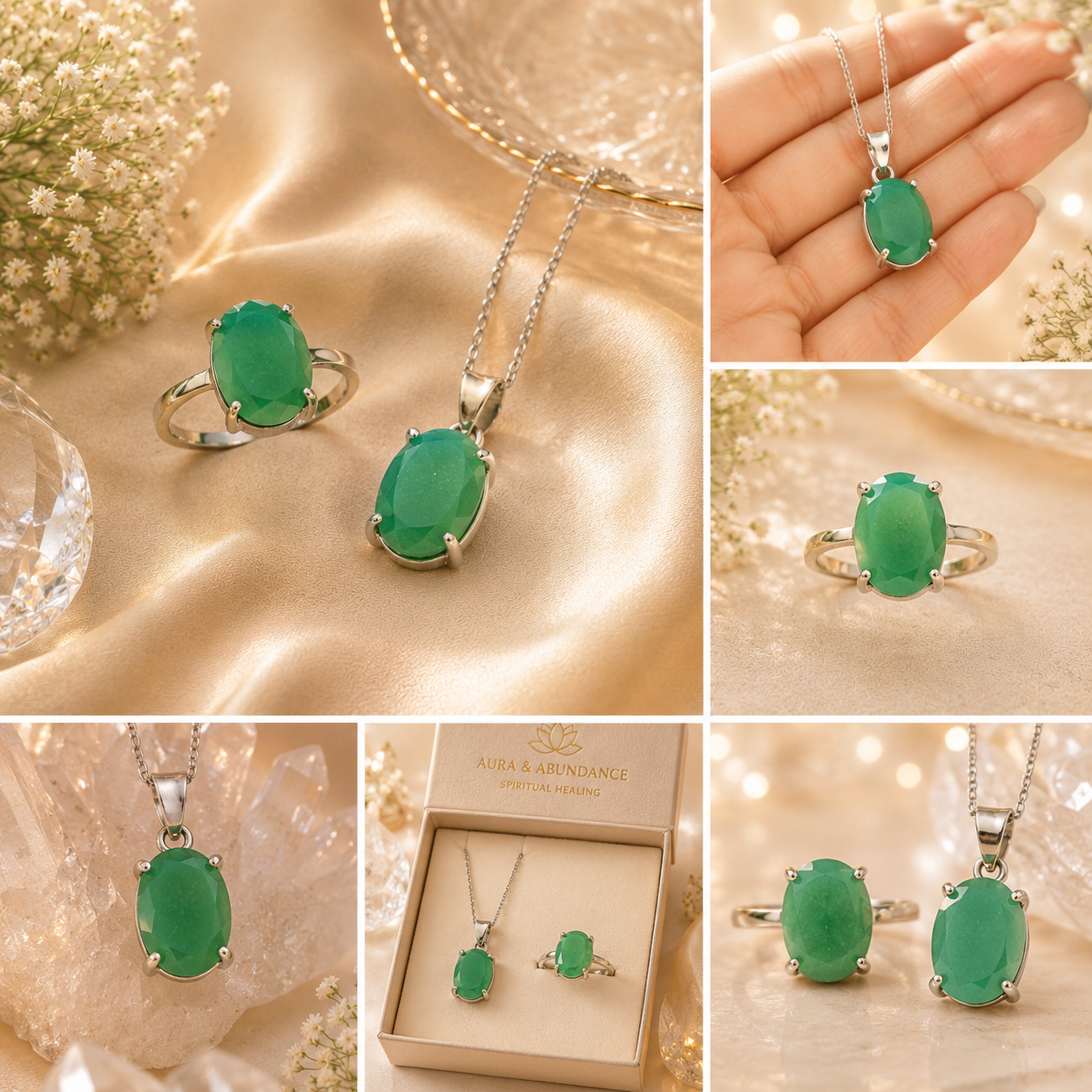 Green Aventurine Crystal Pendant & Adjustable Ring Set