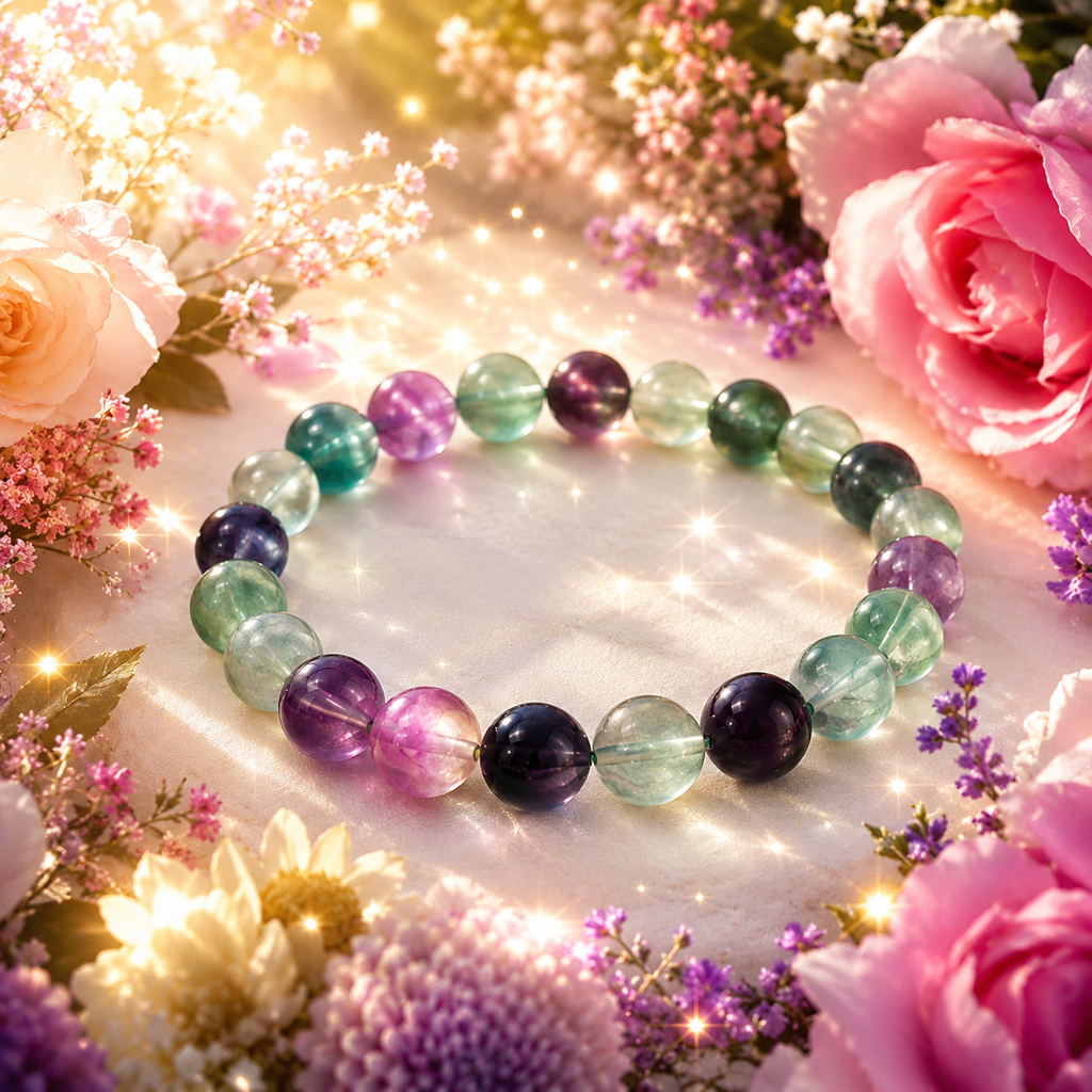 Crystal bracelet with purple, green, smoky dark and clear beads in a round strand