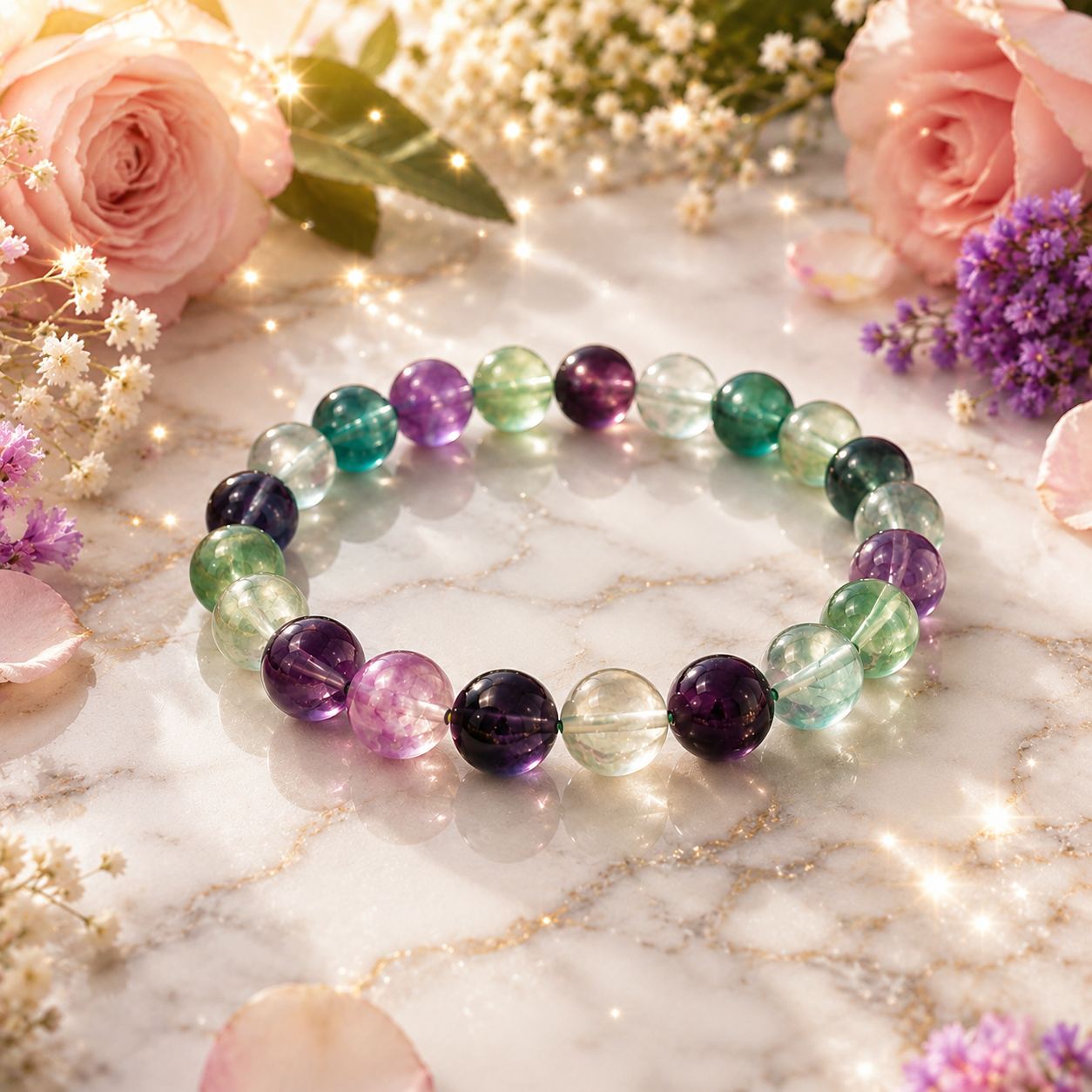 Crystal bead bracelet with mixed purple, green and clear stones, round polished beads
