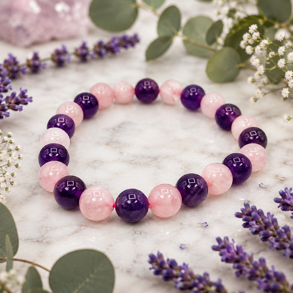 Amethyst and rose quartz crystal bracelet with mixed purple and pink round stones