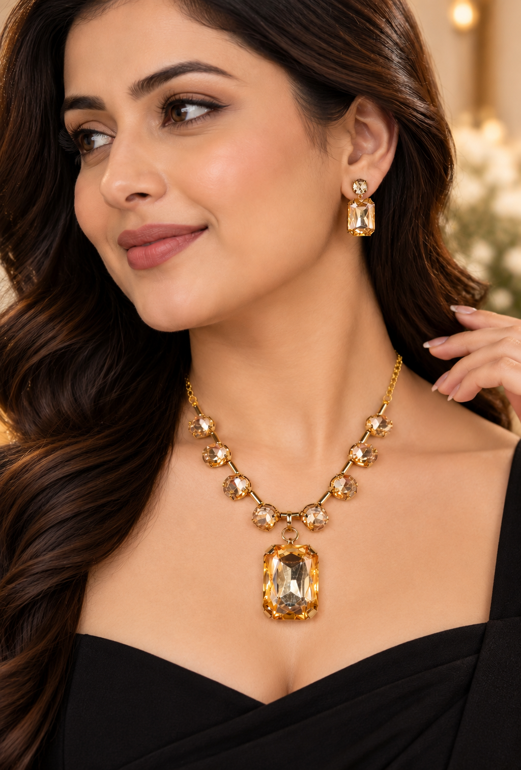 Close-up of gold-tone champagne crystal necklace and drop earrings on a model