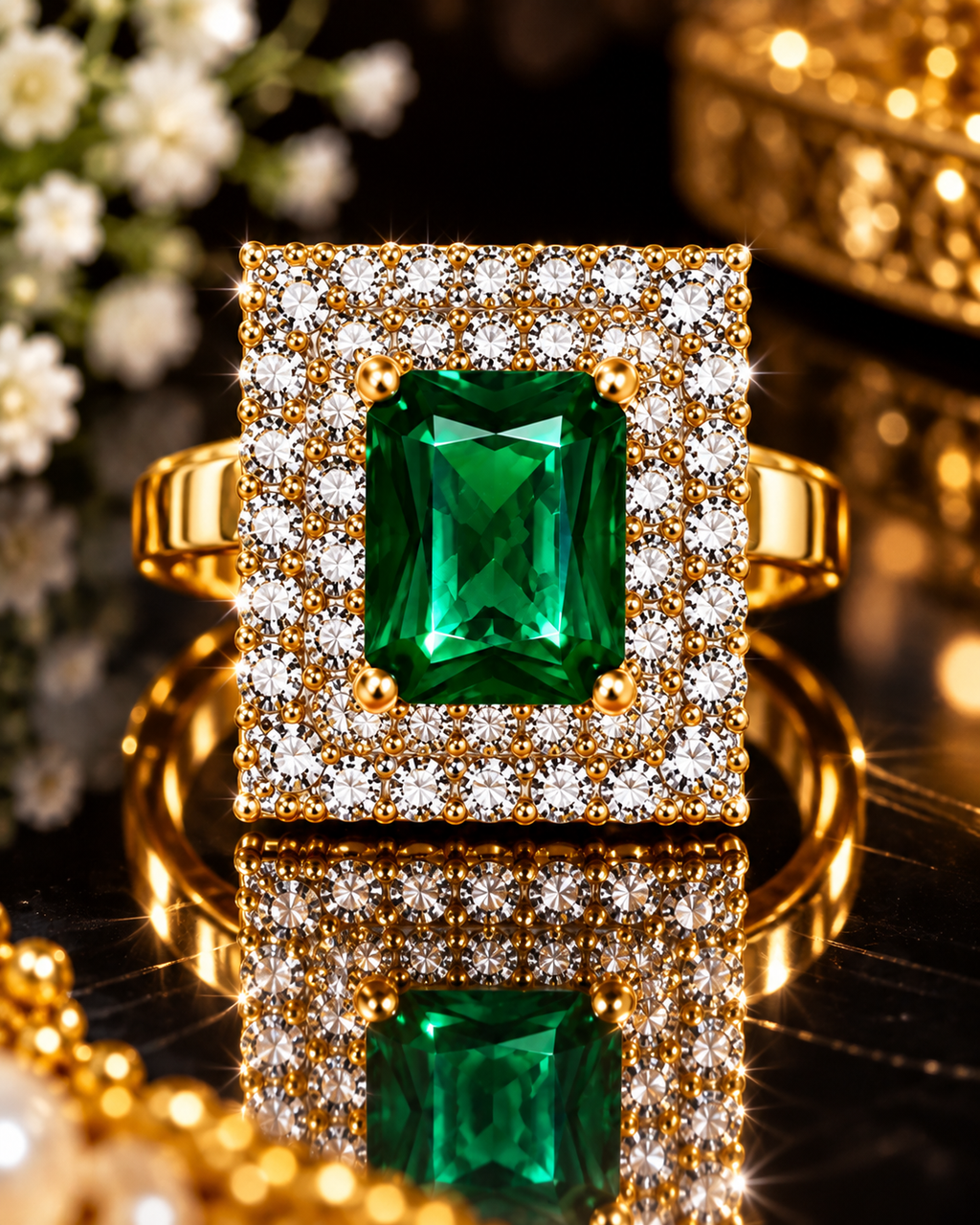 Emerald green rectangular statement ring with pavé crystal border