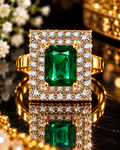 Emerald green rectangular statement ring with pavé crystal border
