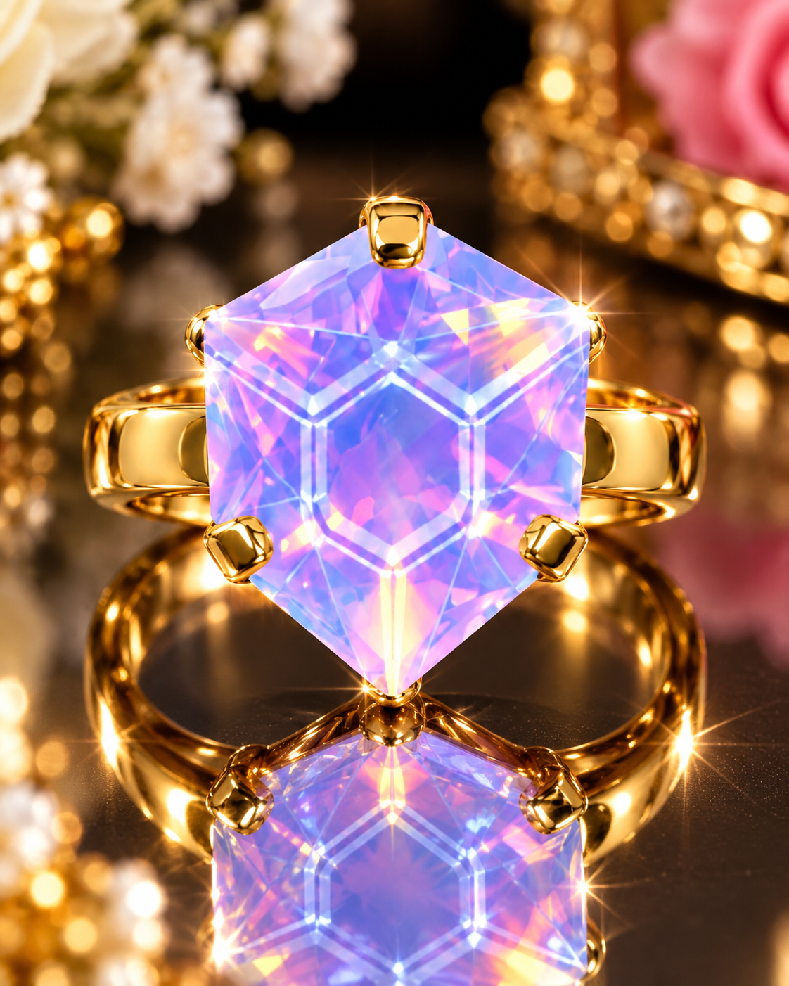 Gold-tone statement ring with iridescent lavender heart gemstone and faceted crystal highlights