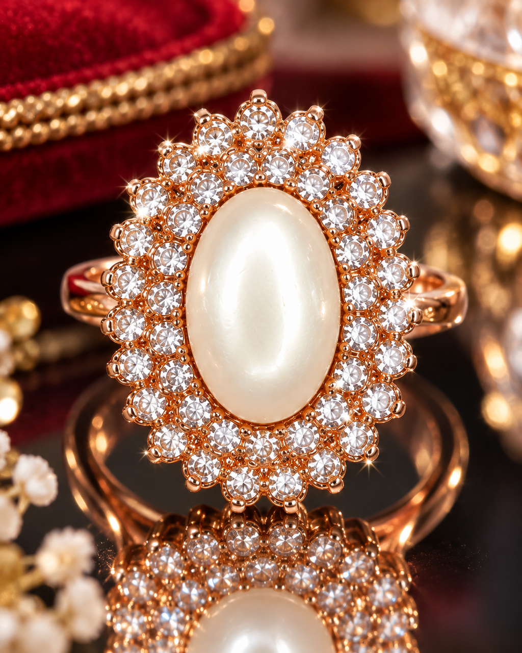 Rose gold oval pearl ring with full crystal halo and sparkling band
