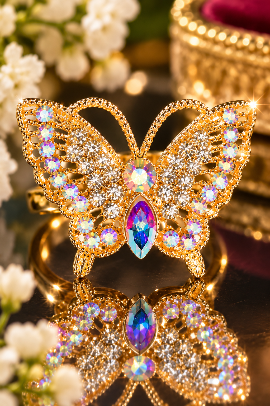 Sparkling butterfly crystal ring with gold-tone band and multicolor marquise stones