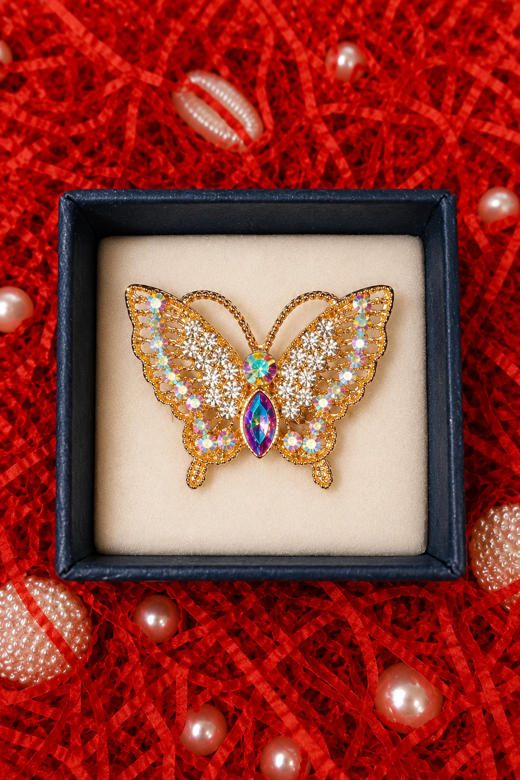 Gold-tone butterfly crystal ring in a gift box with multicolor marquise center