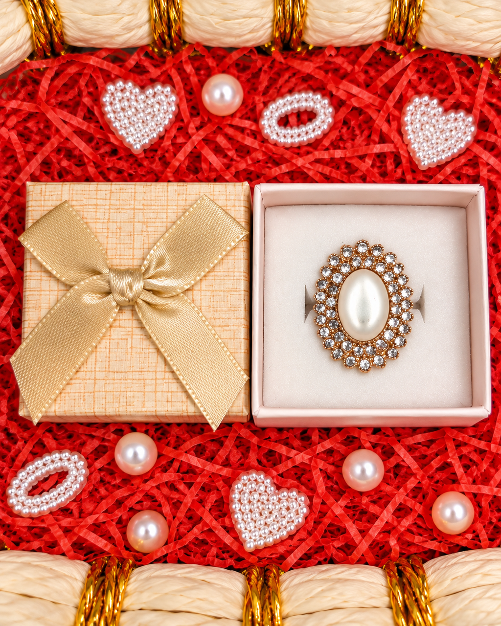 Crystal halo oval pearl ring shown in an open pink gift box
