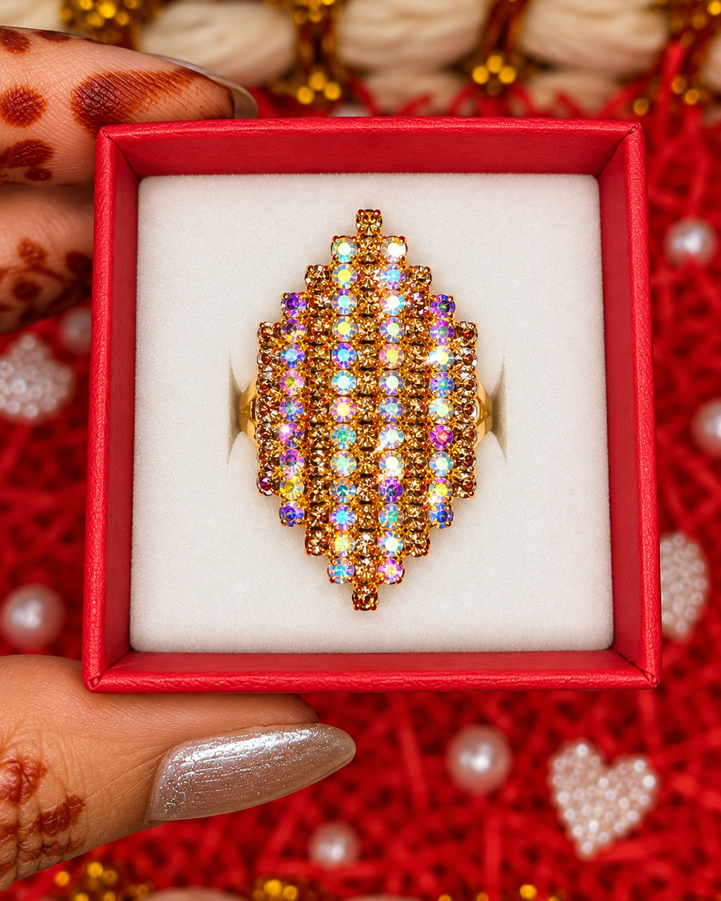 Multicolor crystal statement ring with gold-tone setting in square gift box