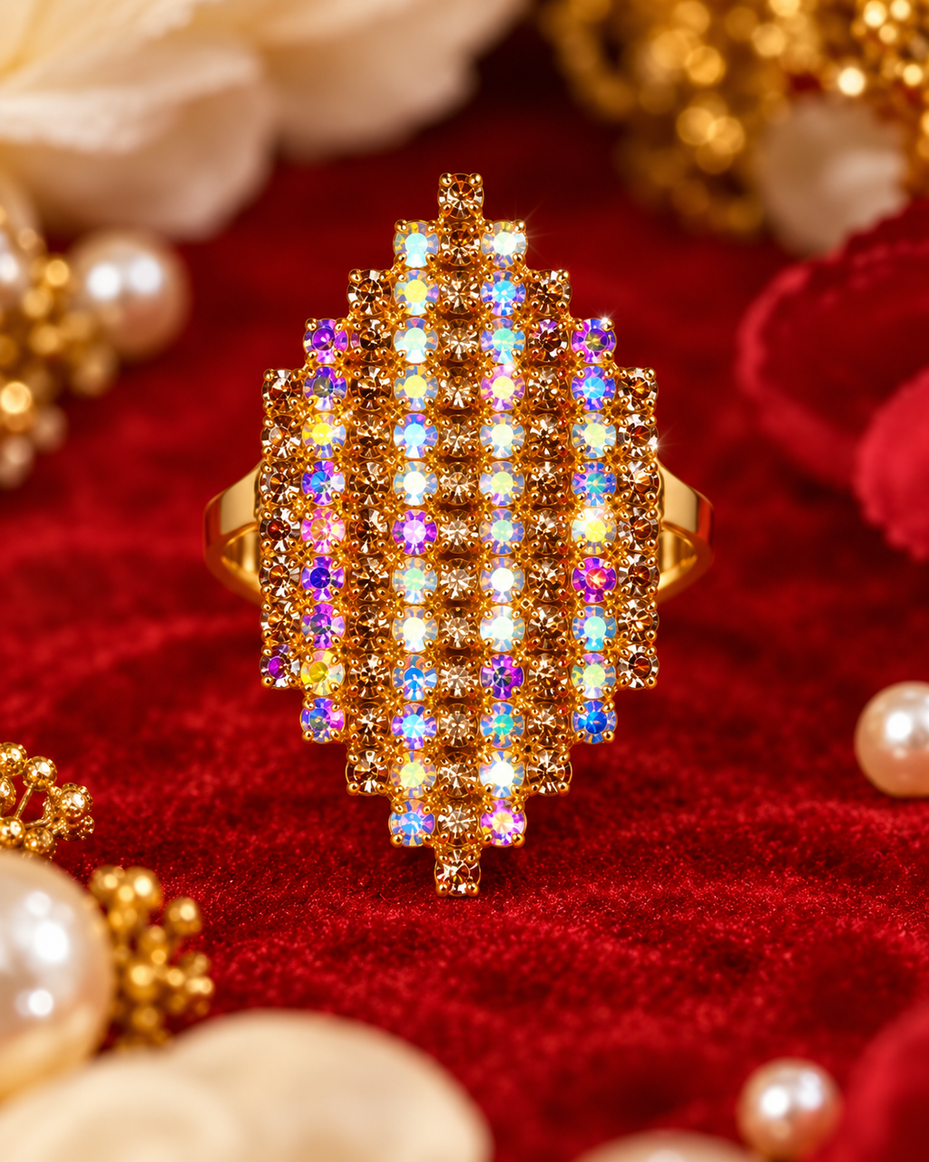 Gold-tone crystal statement ring, multicolor baguette stones in stacked grid setting