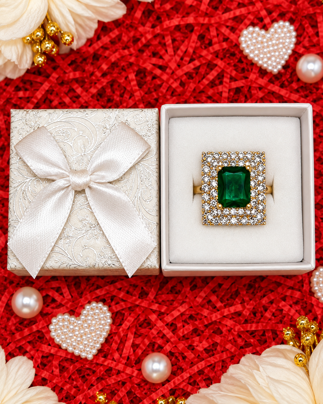 Emerald green rectangular statement ring in a gift box