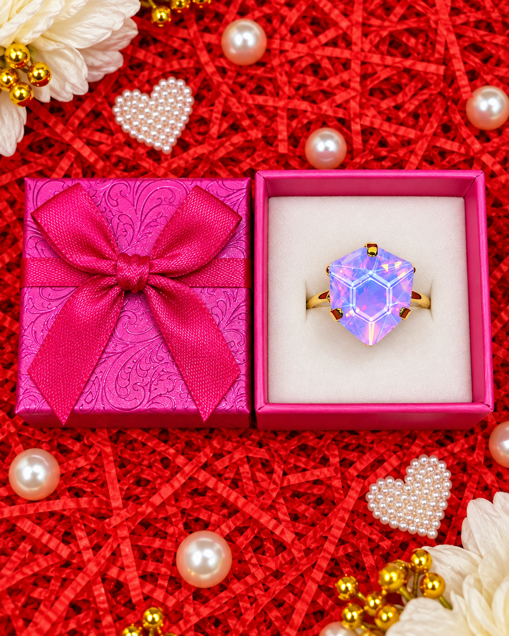 Iridescent lavender heart statement ring in gift box with gold-tone band and faceted gemstone