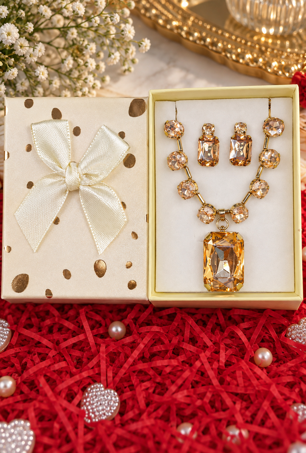 Necklace and earrings set with champagne crystals in a gold gift box