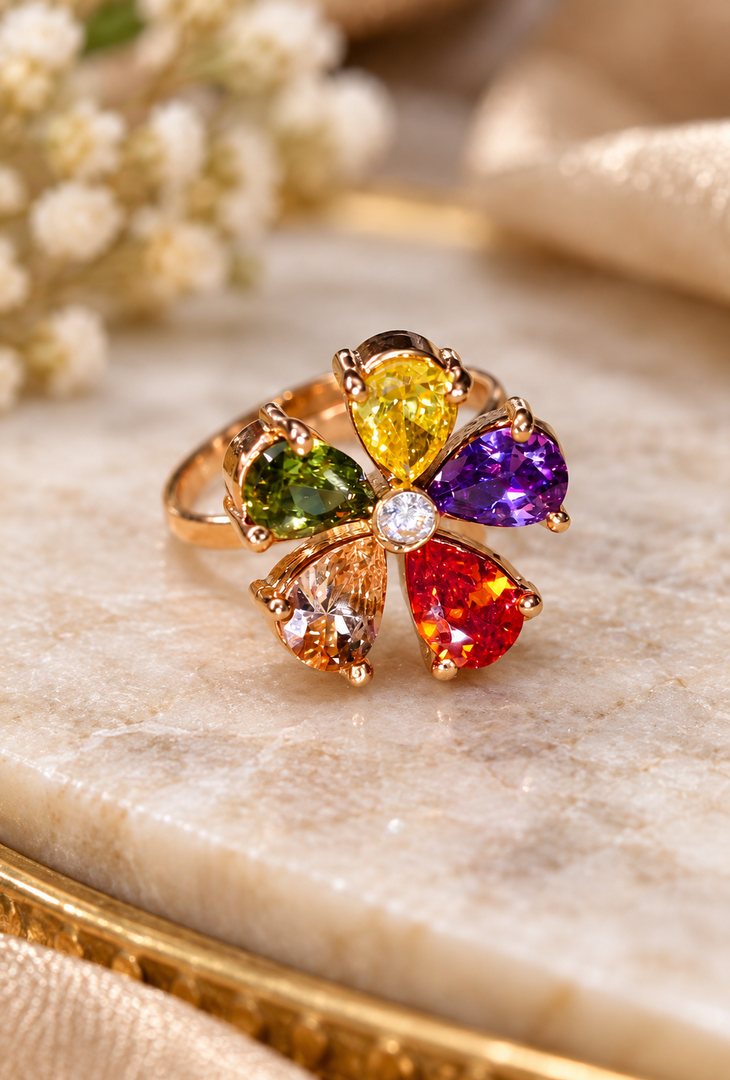 Multicolour Gemstone Flower Design Gold-Tone Ring for Women