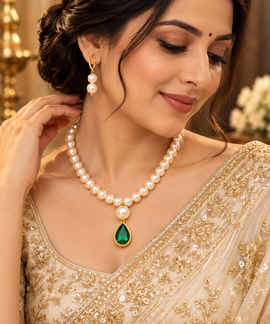 Cream pearl necklace with emerald green teardrop pendant and matching drop earrings, worn