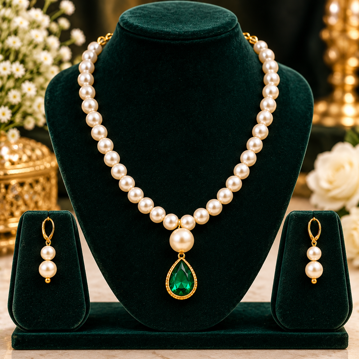 Cream pearl necklace set: emerald teardrop pendant with matching drop earrings on stand